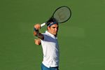 Roger Federer plays a one-handed backhand in the men’s singles final of the BNP Paribas Open, California, March 17, 2019