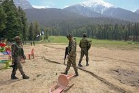 Baisaran Valley, Pahalgam, Kashmir April 23,2025: Security forces inspect the site of the attack