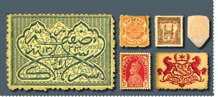 1. The first stamp of Hyderabad, 1869 2. A Multilingual stamp, 1905 3. Commemorative stamp, 1931 4. The Nizam’s seal 5. A Stamp depicting India's last emperor, King George VI , 1937 6. The Salar Jung family crest