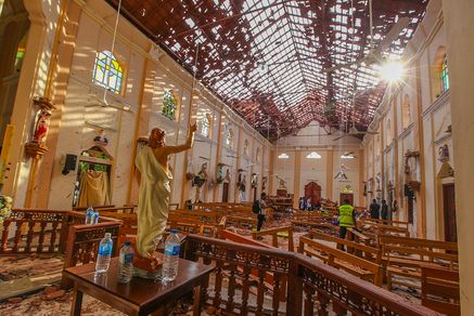 A view of St. Sebastian's Church damaged in blast in Negombo, north of Colombo, Sri Lanka on April 21, 2019