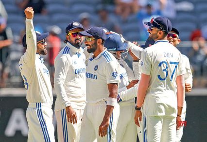 Indian players celebrate their victory in the first Test at Perth, November 25, 2024