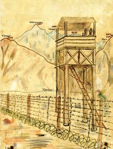 A drawing of Yol Camp watchtower and Dhauladhar range by Ottone Menato