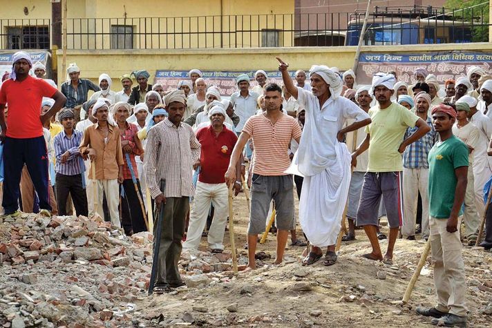 Ram Briksh Yadav (in white dhoti kurta) with his supporters at Jawahar Bagh in Mathura