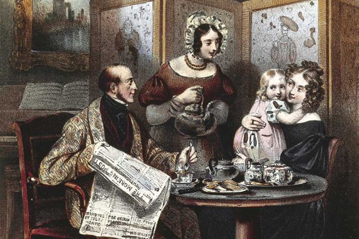 An engraving of tea being served at a 19th century London home