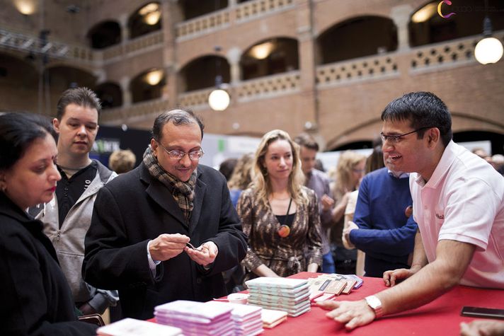 Nitin Chordia (right) presents Indian-origin chocolates at Chocoa,the world’s largest fine chocolate fair in Amsterdam, 2016