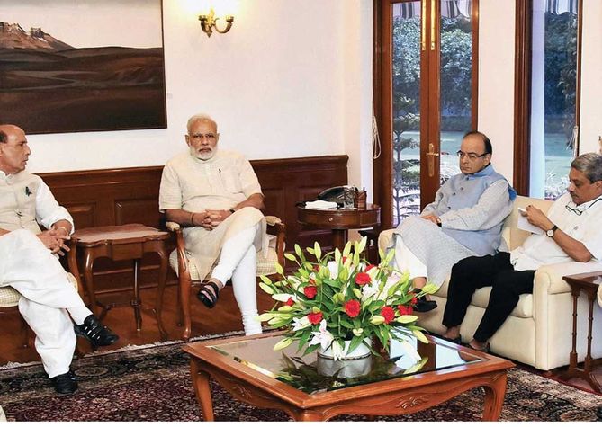 Narendra Modi holds a meeting with Rajnath Singh, Arun Jaitley and Manohar Parrikar after the Uri attack