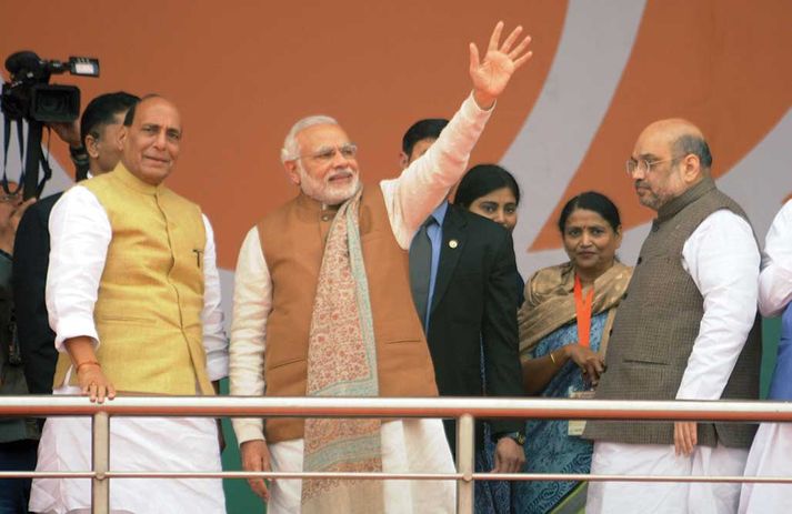 Narendra Modi with Amit Shah and Rajnath Singh at a rally in Uttar Pradesh