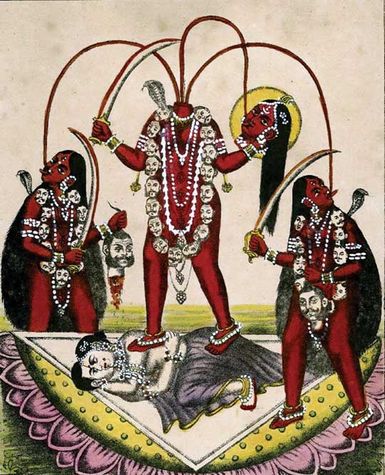 A painting of tantric goddess Chinnamasta, who holds her own severed head in one hand and a scimitar in the other, as she stands on top of a divine copulating couple