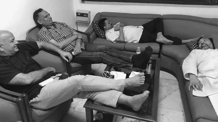 Arvind Kejriwal with (clockwise from right) Gopal Rai, Manish Sisodia and Satyender Jain at AAP’s sit-in at Lieutenant Governor Anil Baijal’s office in Delhi