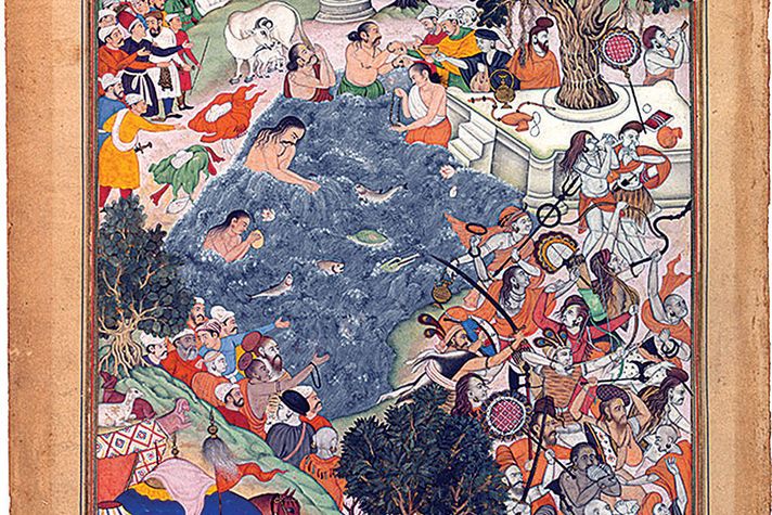 Akbar watches a battle between two rival groups of sannyasis at Thaneshwar, 1590