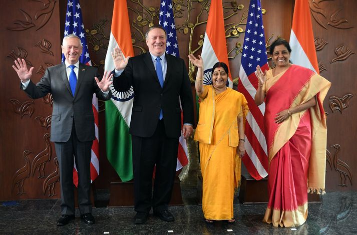 (L to R) US Secretary of Defense Jim Mattis, US Secretary of State Mike Pompeo, Indian Foreign Minister Sushma Swaraj and Defense Minister Nirmala Sitharaman in New Delhi on September 6, 2018