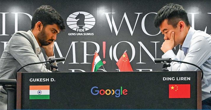 Gukesh Dommaraju and China’s Ding Liren at the FIDE World Chess Championship in Singapore, November 25, 2024