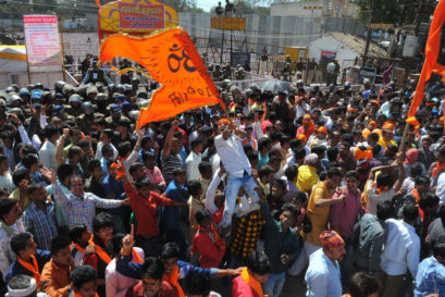 Hindu activists protest outside the  Bhojshala complex on 12 February in Dhar, Madhya Pradesh