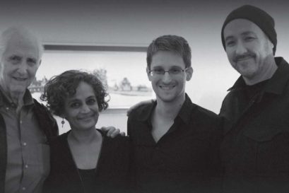 (L-R) Arundhati Roy, Edward Snowden and John Cusack