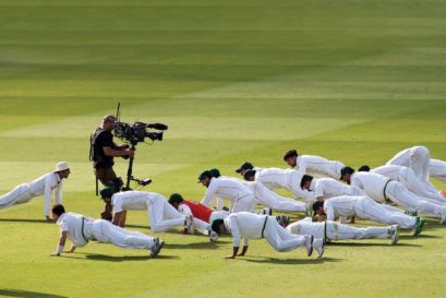 The Pakistan team celebrate their win over England at Lord’s with push-ups