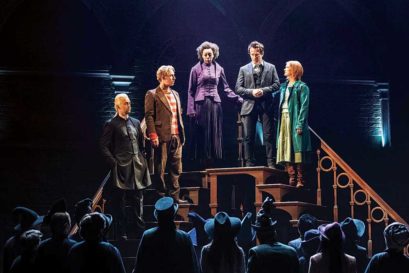 (L-R) Draco Malfoy, Ron Weasley, Hermione Granger, Harry Potter and Ginny Weasley in Harry Potter and the Cursed Child at Palace Theatre in London