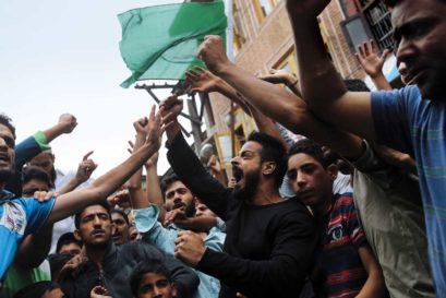 Protestors shout anti-India slogans during a demonstration in Srinagar on 22 August