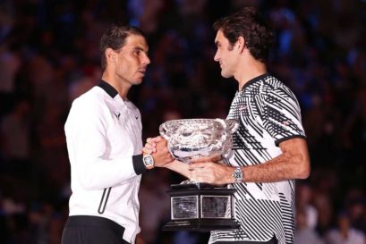 Rafael Nadal of Spain congratulates Roger Federer of Switzerland on winning their Men's Final as Roger Federer holds the Norman Brookes Challenge Cup match on day 14 of the 2017 Australian Open at Melbourne Park on January 29, 2017 in Melbourne, Australia