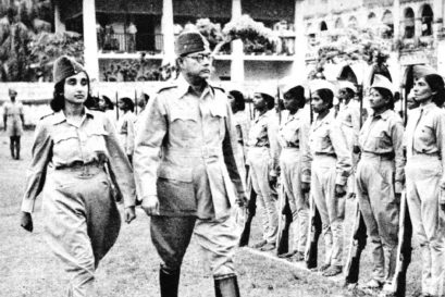 Bose and Captain Lakshmi Swaminathan inspect the Rani of Jhansi regiment during World War II