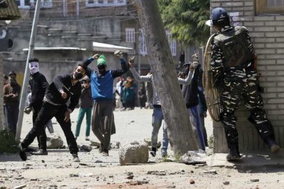 Protests erupt outside a polling station in Srinagar during the Lok Sabha by-election