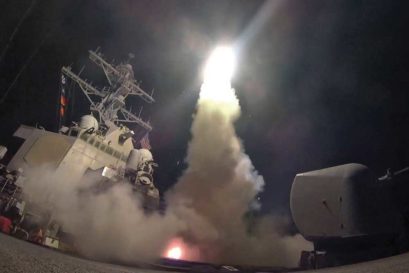 US Navy guided-missile destroyer USS Porter fires a Tomahawk against a target