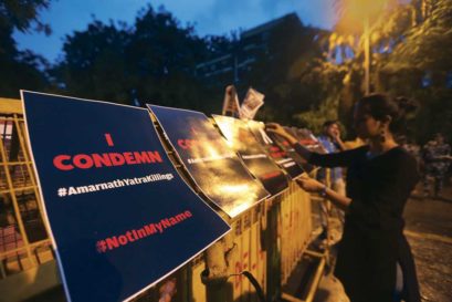 People gather at Delhi’s Jantar Mantar to condemn the attack