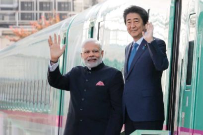 Narendra Modi and Shinzo Abe at a bullet train manufacturing plant in Japan, 2016