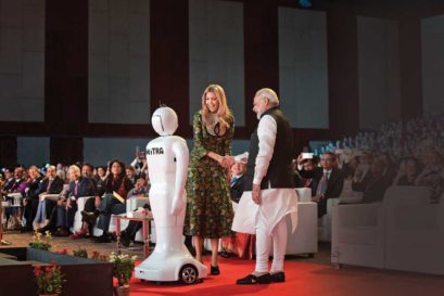 Narendra Modi and Ivanka Trump are greeted by Mitra, the Indian bot, at the Global Entrepreneur Summit in Hyderabad