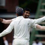 Jasprit Bumrah (facing camera) celebrates with captain Virat Kohli after dismissing South Africa's batsman Lungi Ngidi