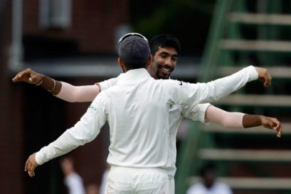 Jasprit Bumrah (facing camera) celebrates with captain Virat Kohli after dismissing South Africa's batsman Lungi Ngidi