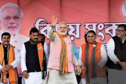 Prime Minister Narendra Modi addresses an election rally in Sonamura, Tripura, on February 8