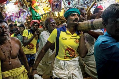 K Ramalingam, an indebted farmer who took part in the Delhi agitation last year, at a religious festival in Veerappur in Tiruchirappalli, Tamil Nadu