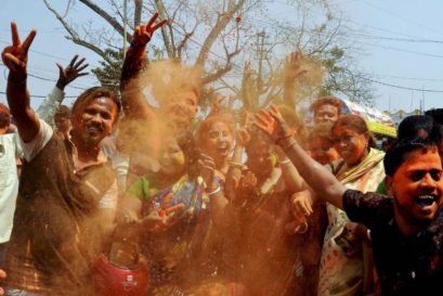 BJP supporters celebrate party's victory in Tripura Assembly elections in Dharmanagar on Saturday