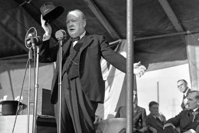 Churchill addresses supporters in 1945 at Walthamstow Stadium, London