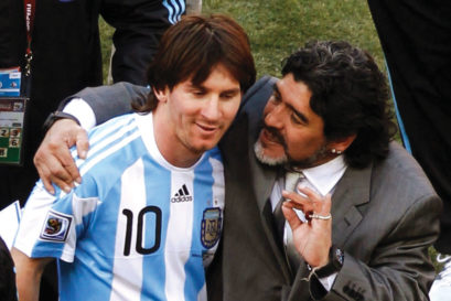 Messi with Maradona, who was Argentina’s coach then, at Johannesburg 2010