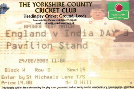 A ticket stub of the 2002 Test match at Headingley