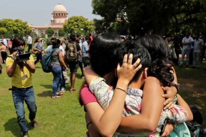 LGBT community celebrate outside the Supreme Court in New Delhi on September 6, 2018