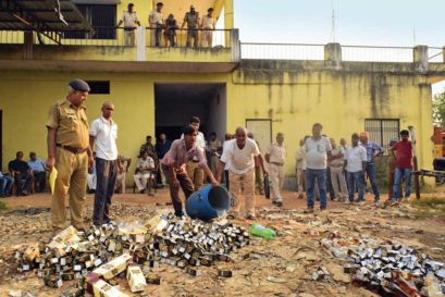 Seized alcohol bottles at an excise department warehouse in Kaimur