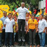 Maldive’s President-Elect Ibrahim Solih (centre), the opposition candidate who beat President Abdulla Yameen by 38,000 votes, in Malé on 22 September