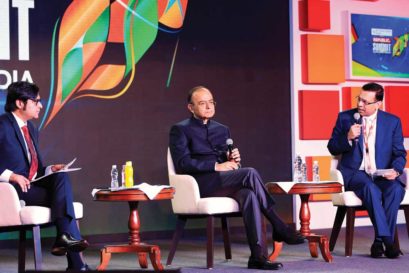 Arun Jaitley in conversation with Sanjiv Goenka at the Republic Summit in Mumbai