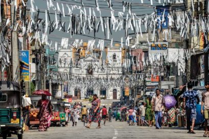 April 24, 2019: Funeral ribbons hang across the road leading to St Anthony’s Church in Colombo