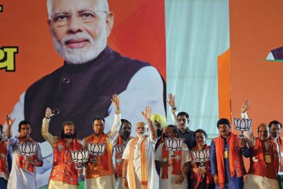 Prime Minister Narendra Modi flanked by BJP’s Delhi Lok Sabha candidates: (L-R) Gautam Gambhir, Hans Raj Hans, Parvesh Sahib Singh Verma, Ramesh Bidhuri, Harsh Vardhan, Meenakshi Lekhi and Manoj Tiwari, on May 8