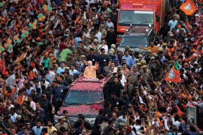 Modi at a roadshow in Varanasi