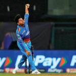 Kuldeep Yadav bowls for Delhi Capitals against Kolkata Knight Riders in Mumbai, April 28, 2022 (Photo Courtesy: BCCI)