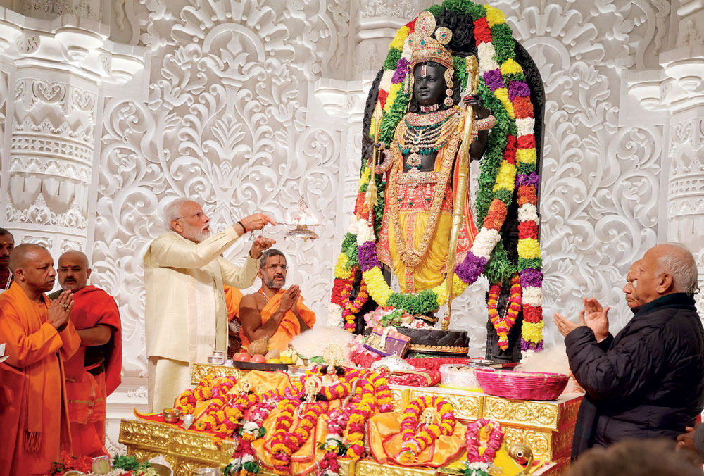 Prime Minister Narendra Modi at the Pran Pratishtha ceremony of the Ram temple in Ayodhya, January 22, 2024