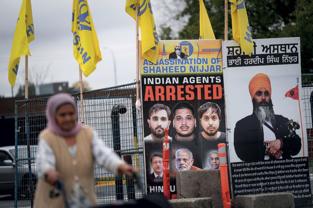 Posters of murdered Khalistani activist Hardeep Singh Nijjar outside a gurudwara in Surrey, British Columbia, October 15, 2024