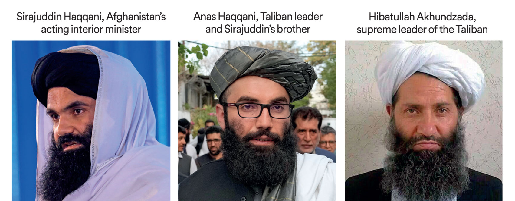 Sirajuddin Haqqani, Afghanistan’s acting interior minister, Anas Haqqani, Taliban leader and Sirajuddin’s brother, Hibatullah Akhundzada, supreme leader of the Taliban