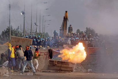 Farmers protesting along the Shambhu border between Punjab and Haryana