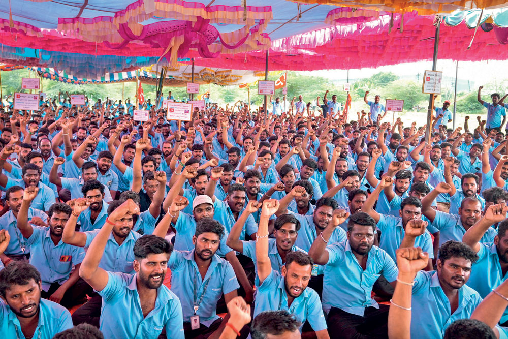 Samsung workers on strike at the Sriperumbudur plant