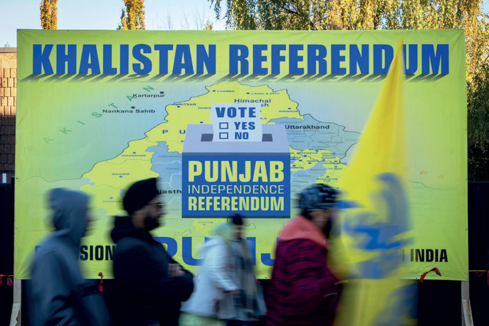 A banner at a gurudwara in Surrey, British Columbia